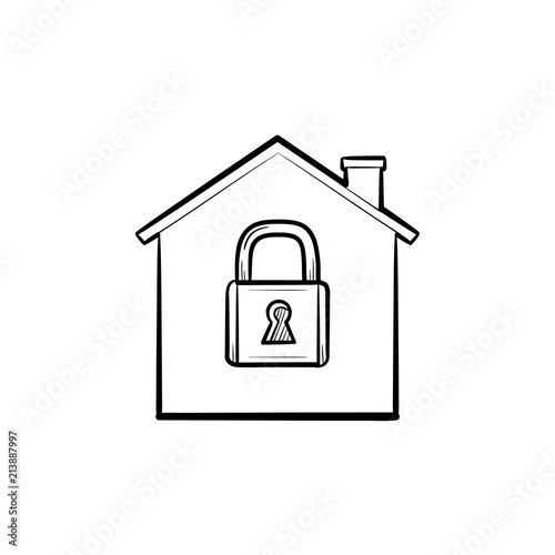 House with closed lock hand drawn outline doodle icon. Home protection with locked padlock symbol, security. Vector sketch illustration for print, web, mobile and infographics on white background.