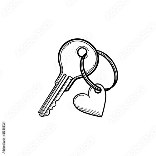 Door key with heart shaped keyholder hand drawn outline doodle icon. Love, romance, safety, property concept. Vector sketch illustration for print, web, mobile and infographics on white background.