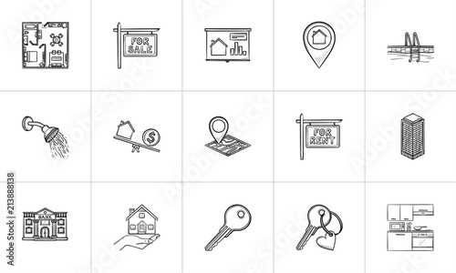 Real estate hand drawn outline doodle icon set. Outline doodle icon set for print, web, mobile and infographics. Real estate, property vector sketch illustration set isolated on white background.