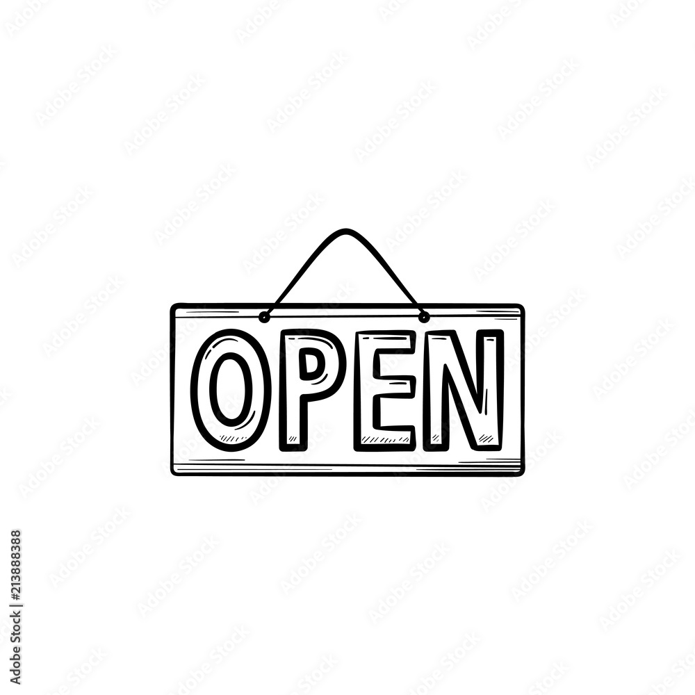 Open hanging board hand drawn outline doodle icon. Business signboard, store, marketing message concept. Vector sketch illustration for print, web, mobile and infographics on white background. Open hanging board hand drawn outline doodle icon. Business signboard, store, marketing message concept. Vector sketch illustration for print, web, mobile and infographics on white background.
