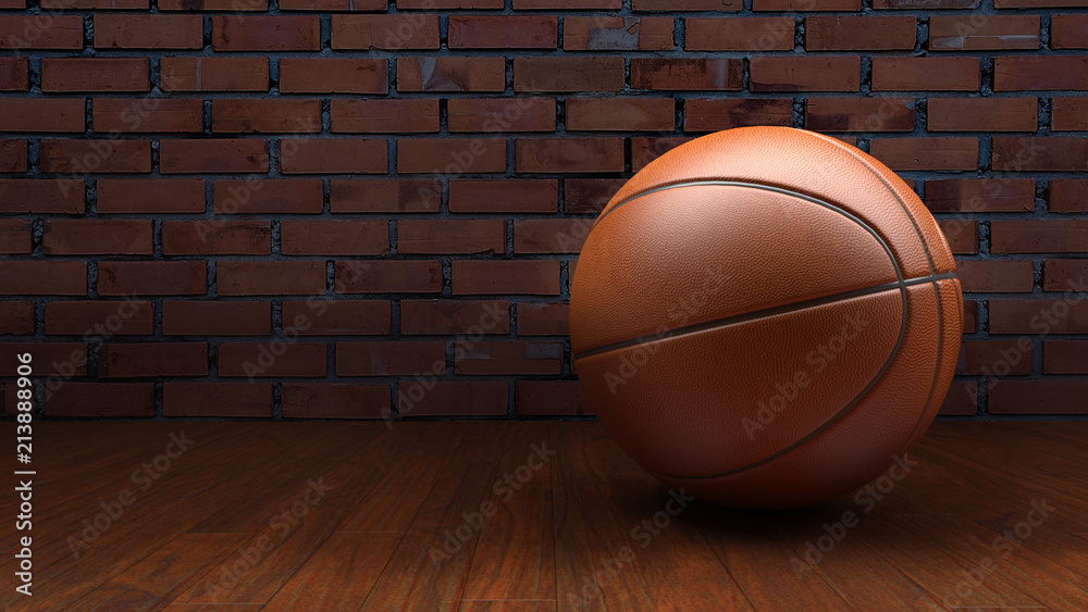 3D rendering, basketball on wood with brick wall background 3D rendering, basketball on wood with brick wall background