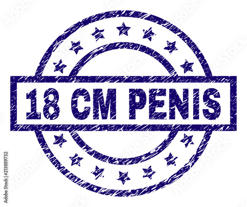 18 CM PENIS stamp seal watermark with distress texture. Designed with rectangle, circles and stars. Blue vector rubber print of 18 CM PENIS label with dirty texture.