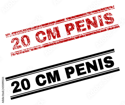 20 CM PENIS stamp seal print with red grunge and clean black version. Red vector rubber print of 20 CM PENIS tag with corroded style. Labels are placed between double parallel lines.