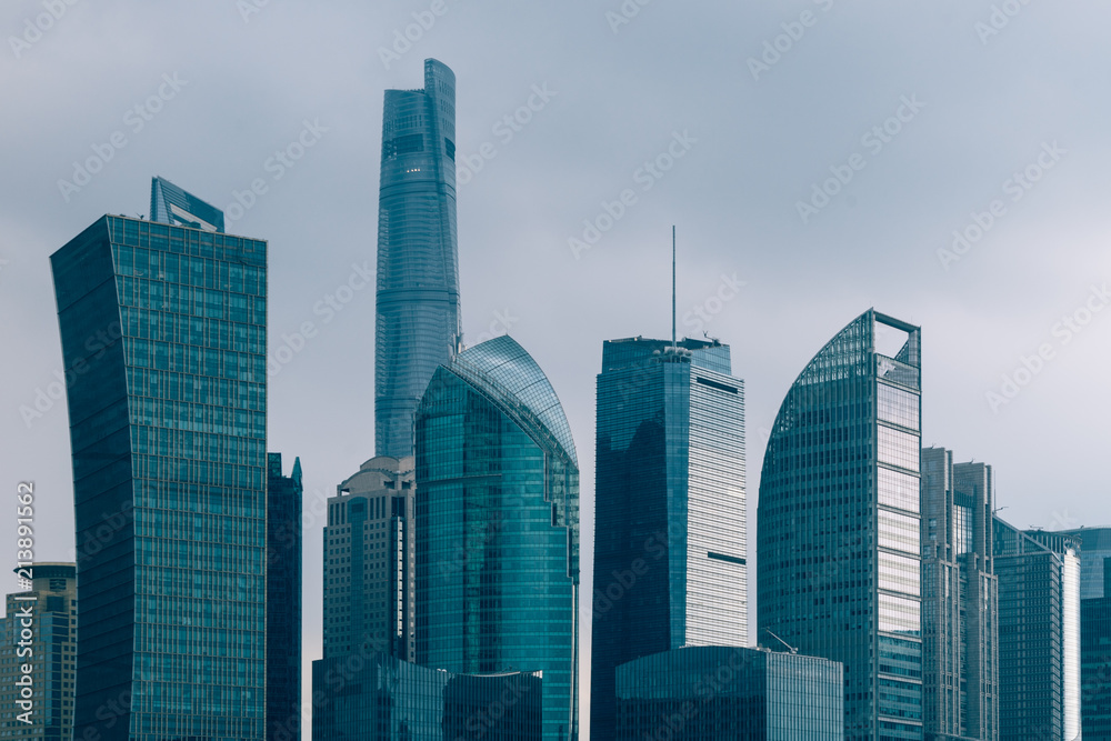 shanghai landmarks complex against sky,China,Asia.