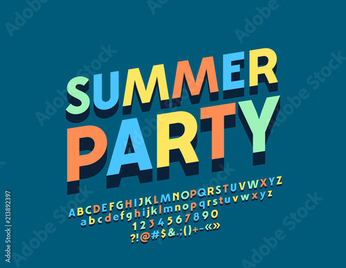 Vector Bright Color Banner Summer Party. 3D Youth Font with Shadow. Modern isometric Alphabet Letters, Numbers and Symbols