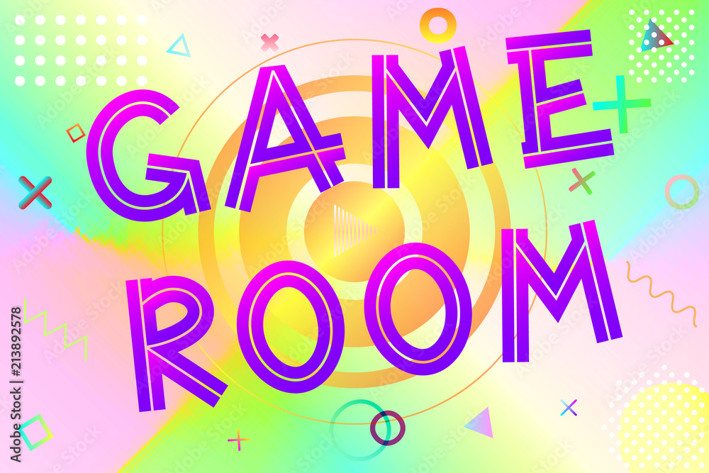 Obraz premium game room text, colorful lettering in modern gradient on bright geometric pattern background, stock vector illustration