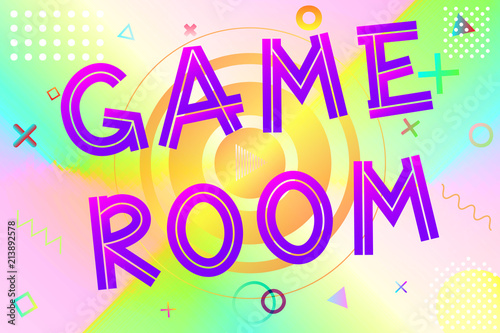 game room text, colorful lettering in modern gradient on bright geometric pattern background, stock vector illustration