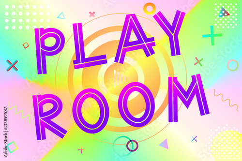 playroom text, colorful lettering in modern gradient on bright geometric pattern background, stock vector illustration