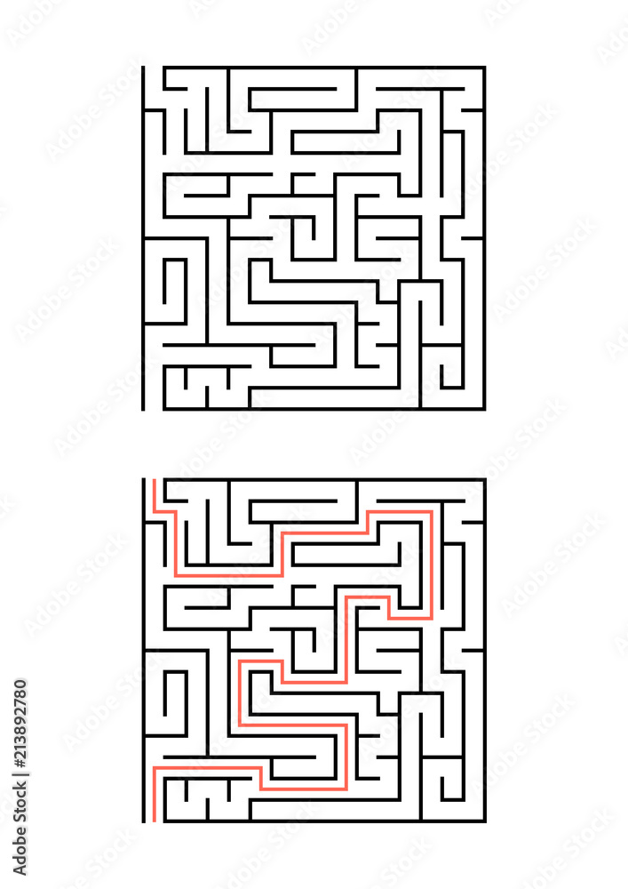 A square maze for children. Simple flat vector illustration isolated on white background. With the answer. A square maze for children. Simple flat vector illustration isolated on white background. With the answer.
