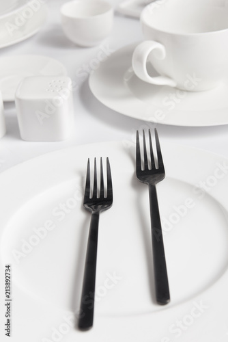 close up view of forks, various plates and saltcellar on white table