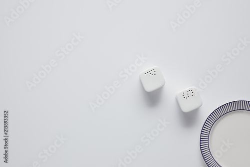 top view of plate, saltcellar and pepper caster on white table, minimalistic concept photo