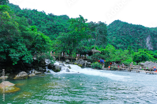 Quang Binh, Vietnam - July 13, 2018: Nuoc Mooc spring - Mooc stream Phong Nha Ke Bang national park