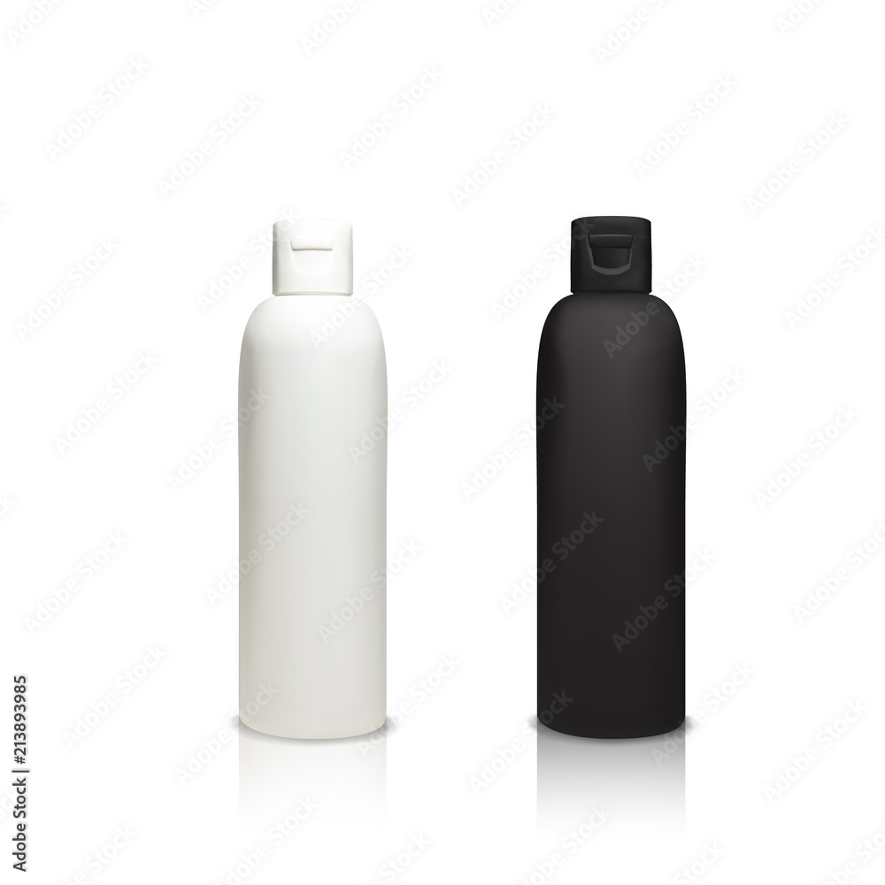 Cosmetic plastic bottles vector illustration of 3d realistic containers for shower gel, shampoo or lotion and cream or face cleaner and liquid soap. Isolated black and white opaque mockup models Cosmetic plastic bottles vector illustration of 3d realistic containers for shower gel, shampoo or lotion and cream or face cleaner and liquid soap. Isolated black and white opaque mockup models