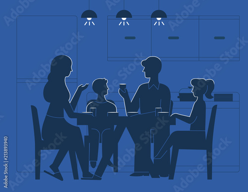 Family at dinner table vector illustration. Silhouettes of mother, father and son with daughter kids drinking tea or eating, sitting together on chairs in kitchen at evening