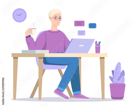 Man at computer vector illustration of boy texting in chat in laptop with coffee sitting at table. Cartoon designer, social media blogger or office manager in glasses at home or workplace