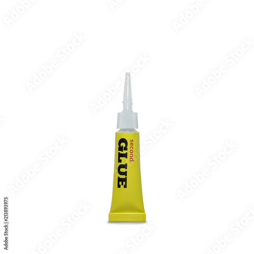 Super glue vector illustration of 3D realistic yellow metallic container of adhesive instant or second glue mock model isolated on white background