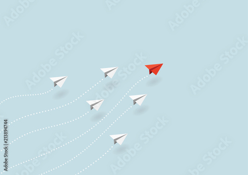 Business concept. Red paper leader airplane flying on blue sky of business teamwork and one different vision. Leader, New idea, boss, manager, winner concept, trend. Vector illustration