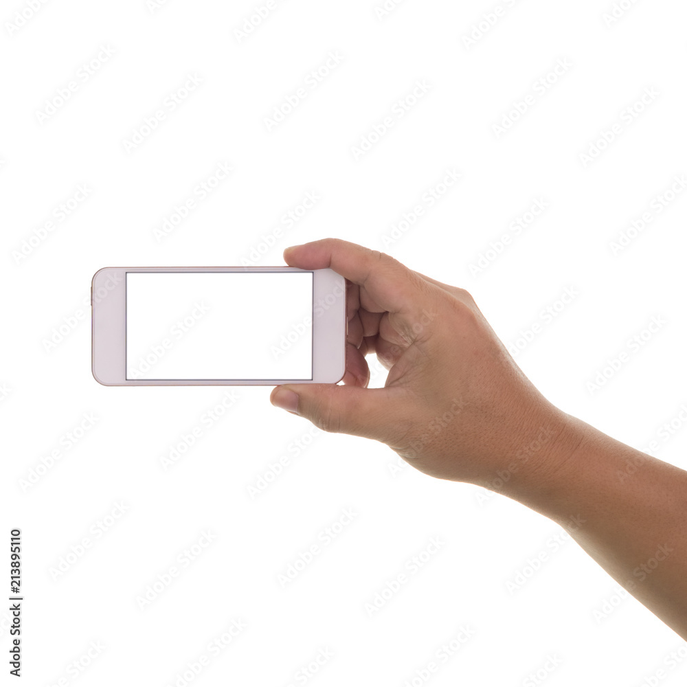 Man hand holding smartphone isolated on white background. white screen Man hand holding smartphone isolated on white background. white screen
