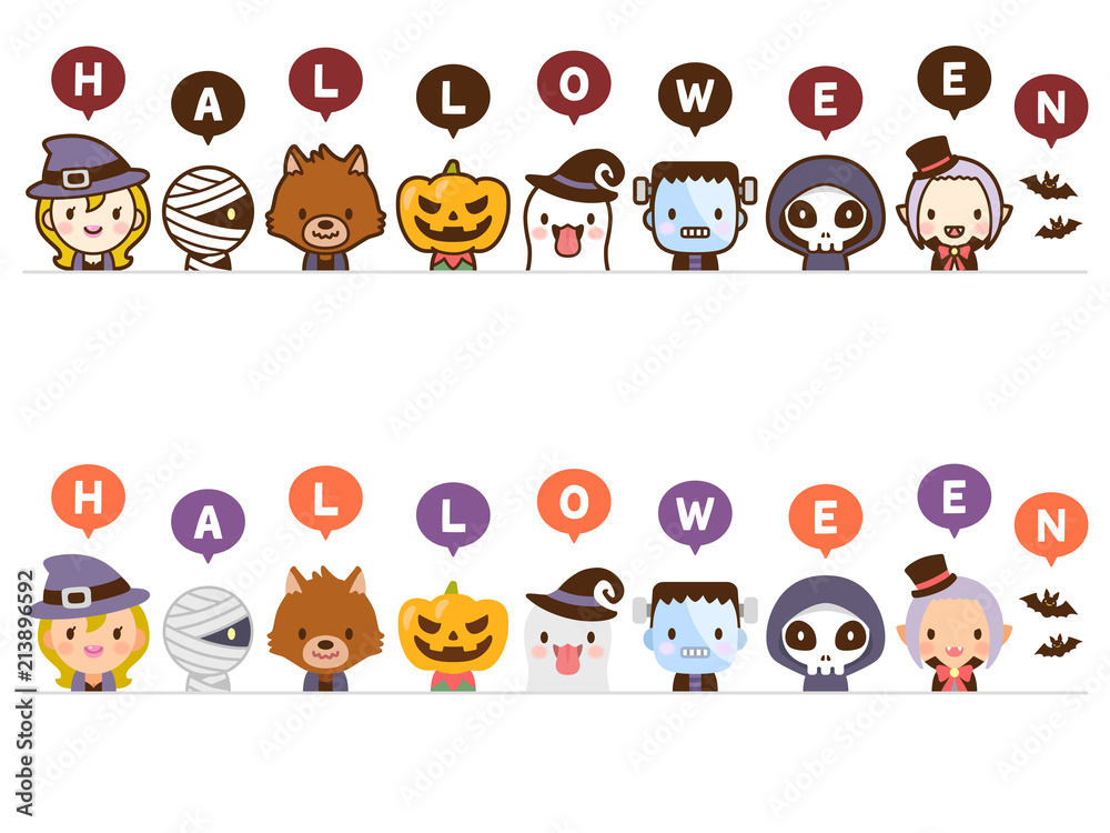 ハロウィンのかわいいモンスター ハッピーハロウィン 顔 線あり フラット セット Stock ベクター Adobe Stock