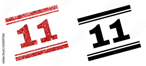 11 stamp seal print with red distress and clean black version. Red vector rubber print of 11 caption with dust texture. Titles are placed between double parallel lines.