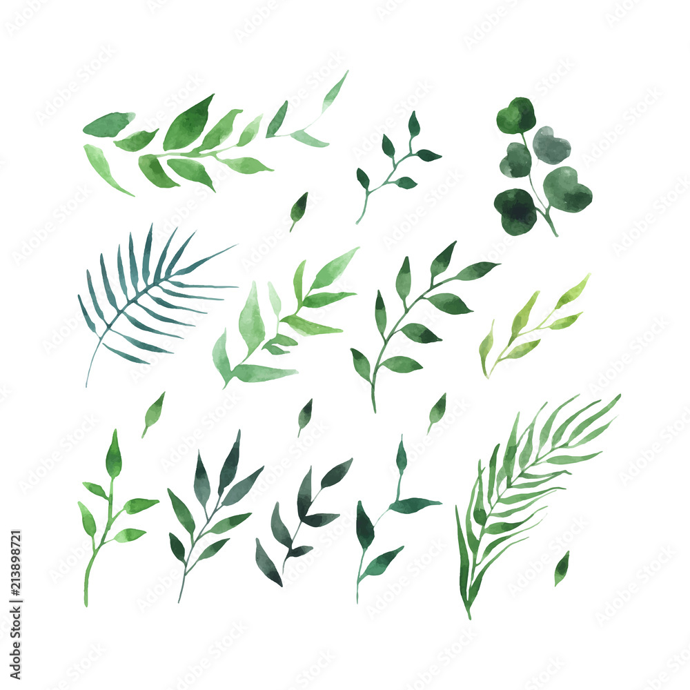 green leaves watercolor seamless pattern vector - obrazy, fototapety, plakaty 