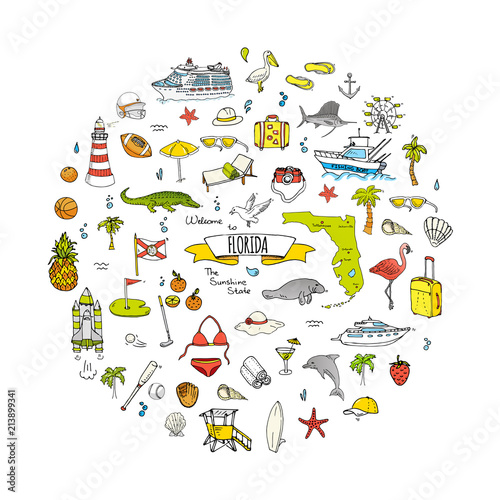 Hand drawn doodle Florida icons set. Vector illustration, isolated symbols collection of USA state, Cartoon elements Alligator Manatee Yacht Cruise sheep Fishing boat Golf American football Palm trees