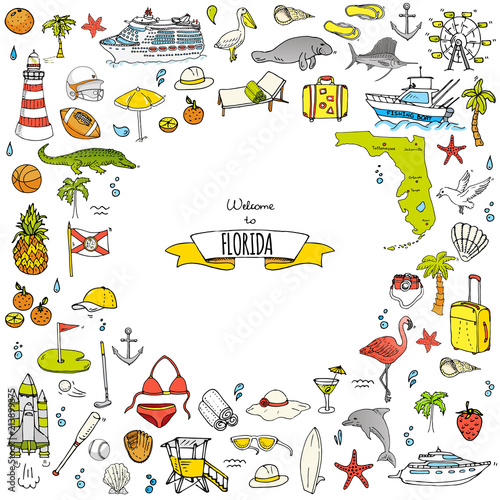 Hand drawn doodle Florida icons set. Vector illustration, isolated symbols collection of USA state, Cartoon elements Alligator Manatee Yacht Cruise sheep Fishing boat Golf American football Palm trees
