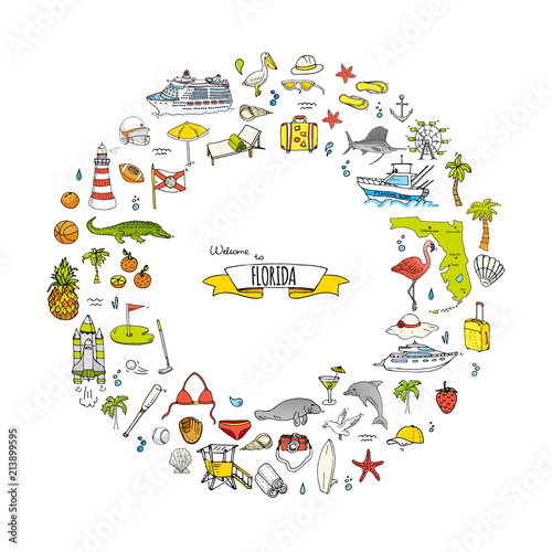 Hand drawn doodle Florida icons set. Vector illustration, isolated symbols collection of USA state, Cartoon elements Alligator Manatee Yacht Cruise sheep Fishing boat Golf American football Palm trees