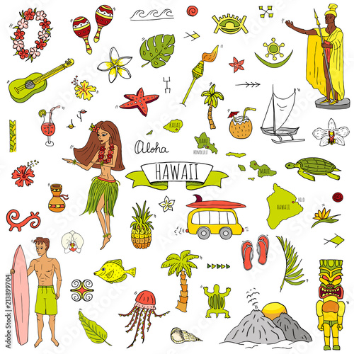 Hand drawn doodle Hawaii icons set Vector illustration isolated symbols collection of hawaiian symbols Cartoon elements: USA state map Honolulu State Hula girl Surfing guy Volcano Guitar Paradise Art