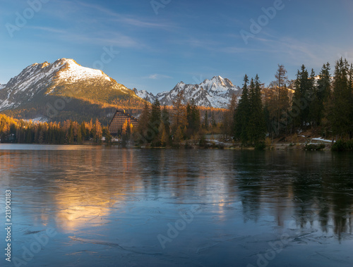 Mountain lake Strbske Pleso in winter scenery - high resolution panorama