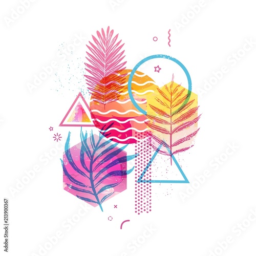 Template geometric design for summer season sales. Abstract background with watercolor texture and tropical leaf. Modern banner with decor  exotic plants and wave for party and advertisement. Vector.