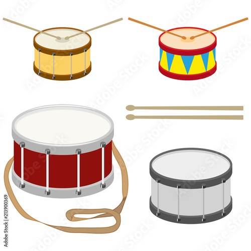 Drum, a set of realistic drums with drum sticks.