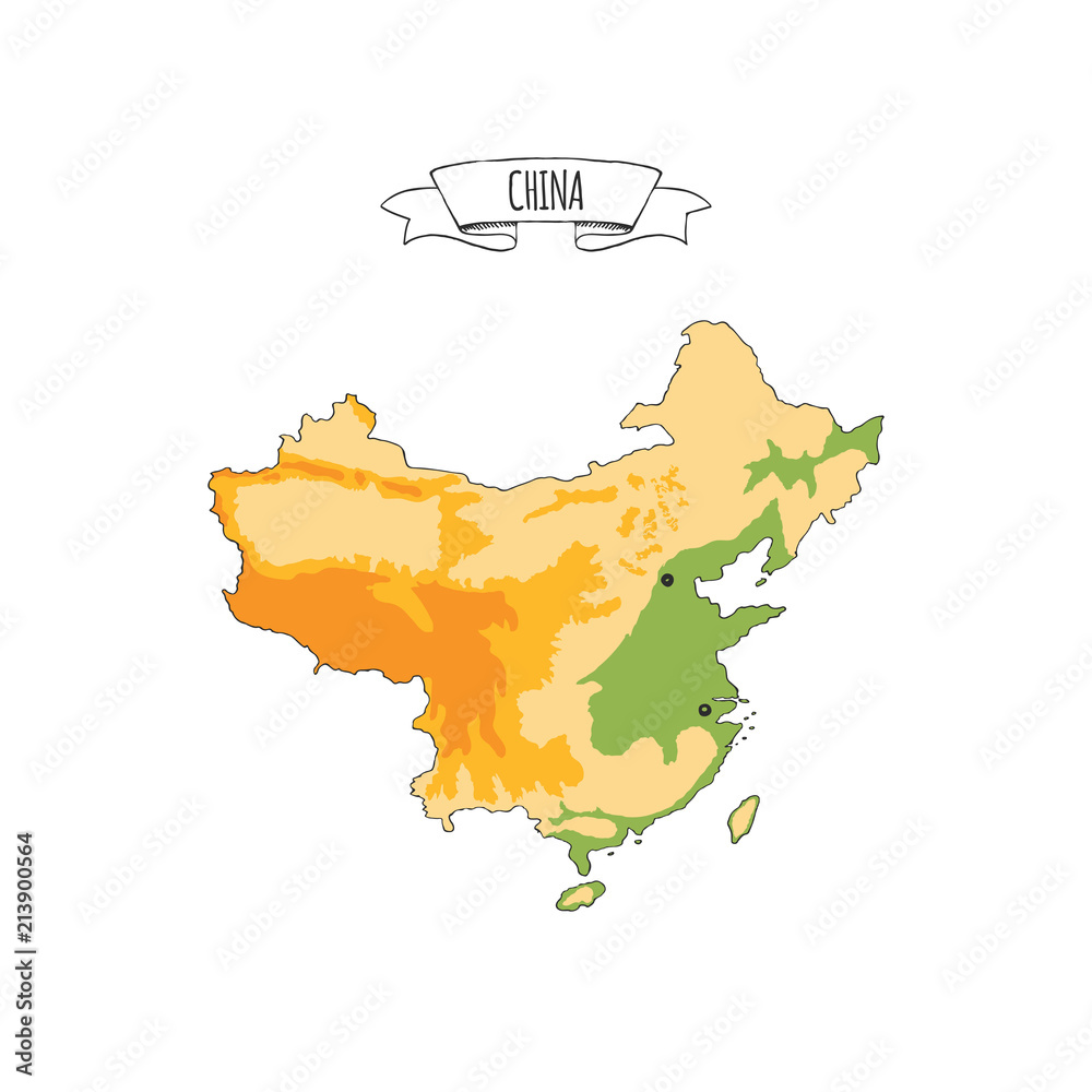 Hand drawn vector illustrated colorful map of China isolated on white