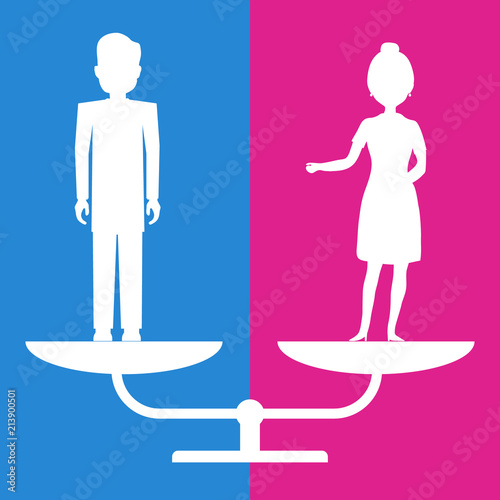 Gender equality. A man and a woman are on equal footing on the scales.