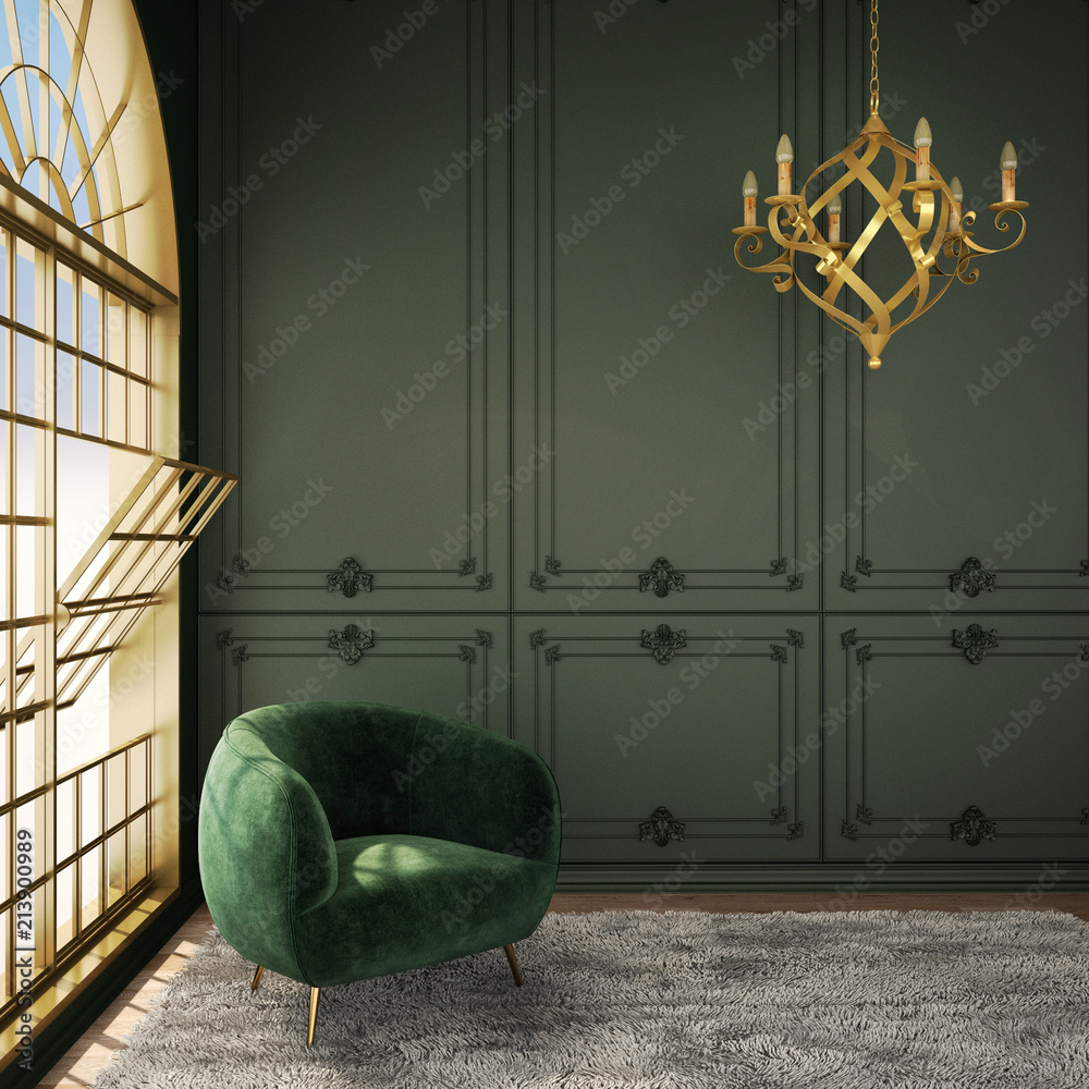 interior design for living area or reception with armchair,plant,on tile  floor and deep green classic wall background / 3d illustration,3d rendering  Stock Illustration | Adobe Stock