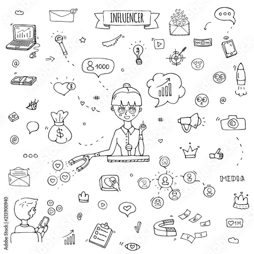Hand drawn doodle set of Influencer icons. Vector illustration set. Cartoon marketing symbols. Sketchy elements collection: laptop, network, mail, followers, people, money, magnet, blogger, leader