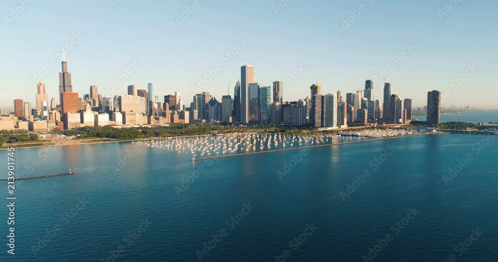 Aerial high angle view on Chicago skyline panorama in the morning. Yachts parked at the marina Aerial high angle view on Chicago skyline panorama in the morning. Yachts parked at the marina