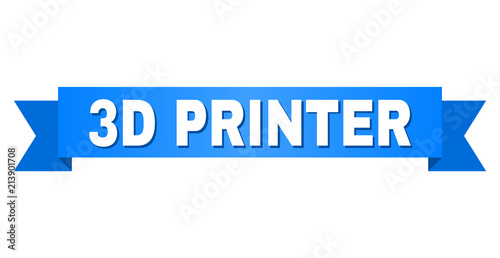 3D PRINTER text on a ribbon. Designed with white title and blue tape. Vector banner with 3D PRINTER tag.