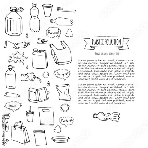 Hand drawn doodle Stop plastic pollution icons set Vector illustration sketchy symbols collection Cartoon concept elements Bag Bottle Recycle sign Package Disposal waste Contamination disposable dish