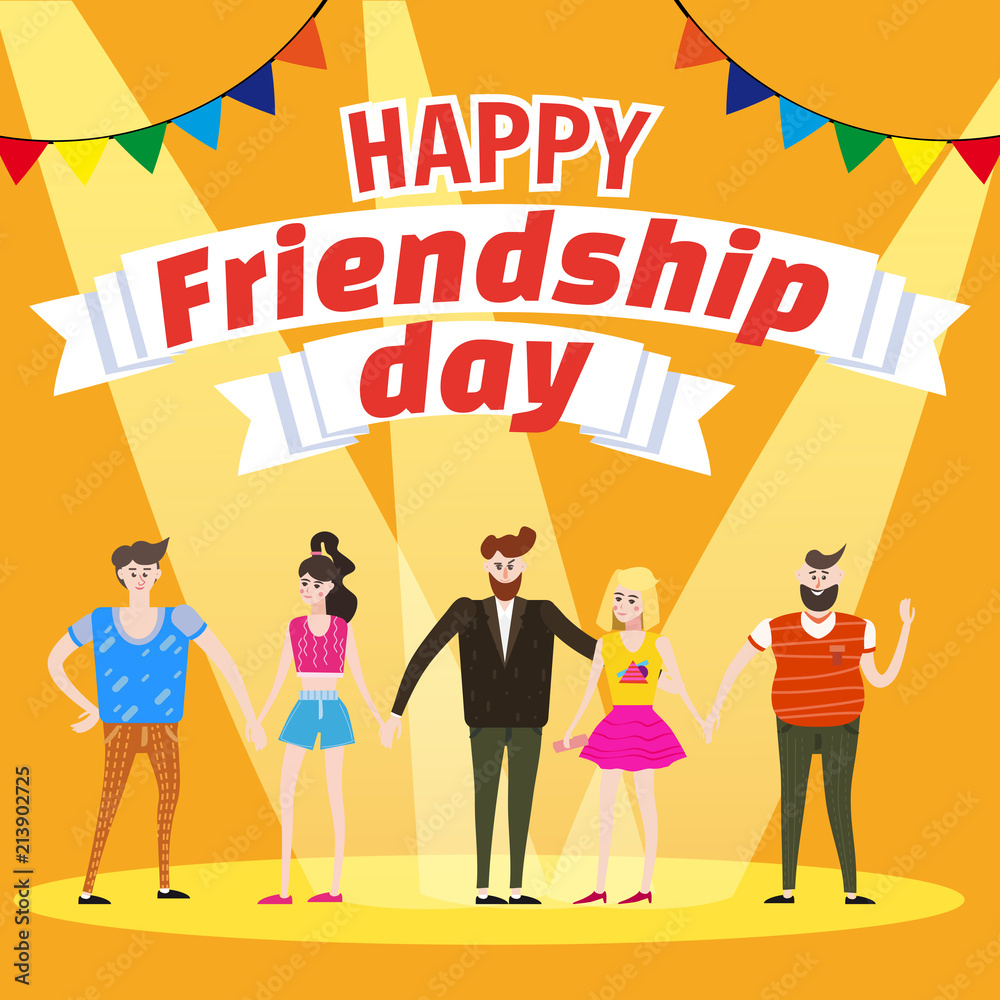 Celebrating Group of happy friends enjoying Friendship Day. Modern graphic. Cartoon style illustration for your design. Poster, baner, greeting card. Celebrating Group of happy friends enjoying Friendship Day. Modern graphic. Cartoon style illustration for your design. Poster, baner, greeting card.