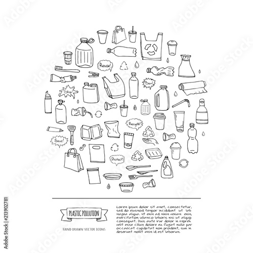 Hand drawn doodle Stop plastic pollution icons set Vector illustration sketchy symbols collection Cartoon concept elements Bag Bottle Recycle sign Package Disposal waste Contamination disposable dish