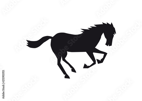 Black horse silhoutette isolated on white background  happy animal jumping and running  single creature
