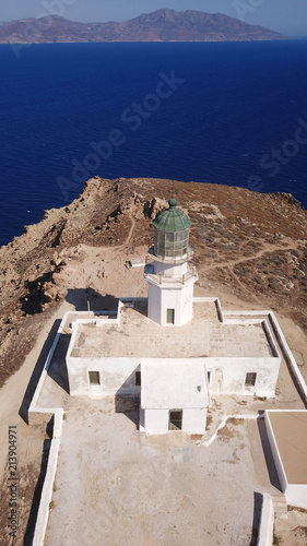Aerial photo of old abandoned lighthouse with view to Aegean deep blue sea