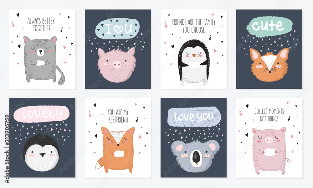 Vector set of postcards with animals and slogan about friend. Doodle illustration