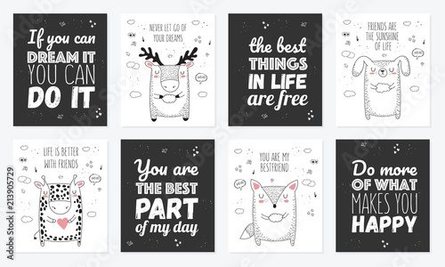 Vector set of postcards with animals and slogan about friend. Doodle illustrations with lettering.