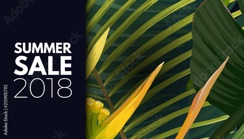 Summer vector floral sale banner. Tropical template design with banana and sabal palm leaves and yellow bird of paradise flowers.
