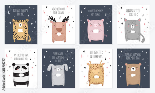 Vector set of postcards with animals and slogan about friendship. Doodle illustration