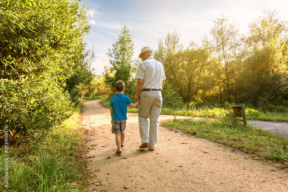 Back view of grandfather with hat and grandchild walking on a nature path - obrazy, fototapety, plakaty 