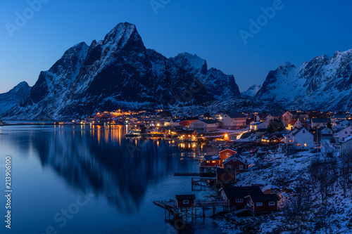 Reine village at night, Lofoten archipelago, Norway, Scandinavia