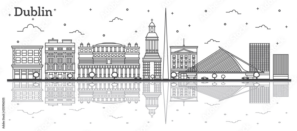 Outline Dublin Ireland City Skyline with Historic Buildings and Reflections Isolated on White.